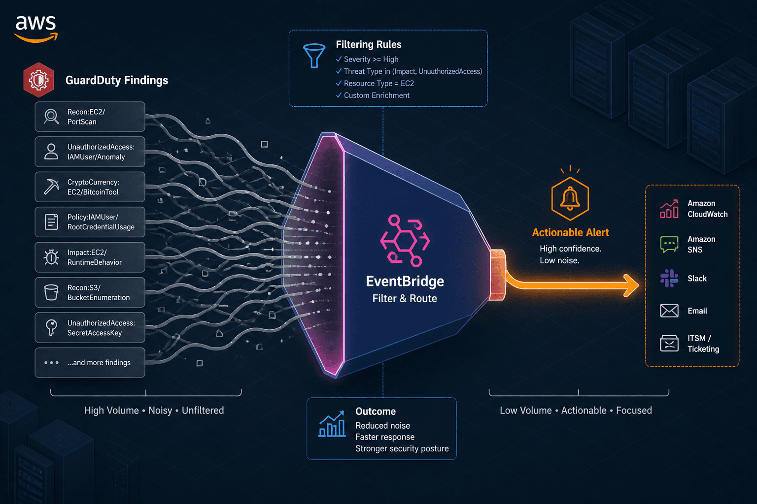 Diagram showing the flow of AWS GuardDuty findings through EventBridge filtering to actionable alerts.