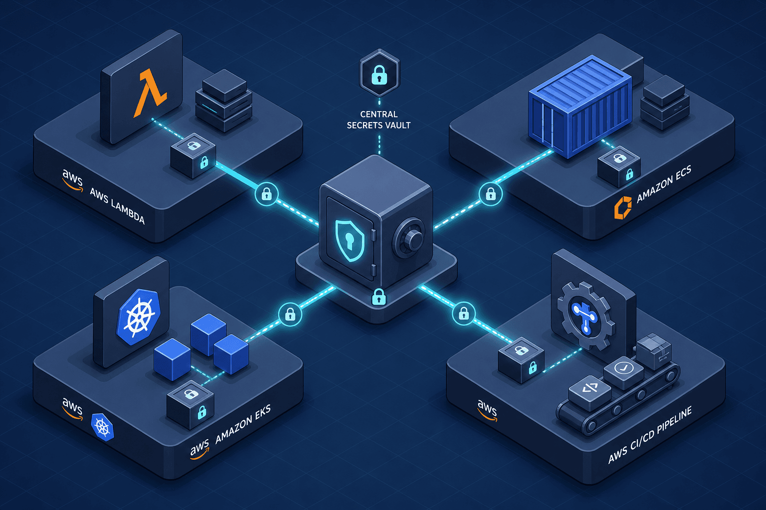 Diagram illustrating secure secret access patterns across Lambda, ECS, EKS, and CI/CD environments.