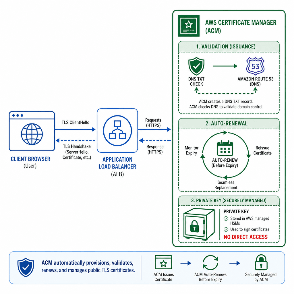 Technical diagram showing the automated lifecycle of a public TLS certificate managed by AWS ACM. The illustration should depict a client browser connecting to an Application Load Balancer (ALB). An arrow labeled 'TLS ClientHello' goes to the ALB. The ALB connects to an ACM ic…