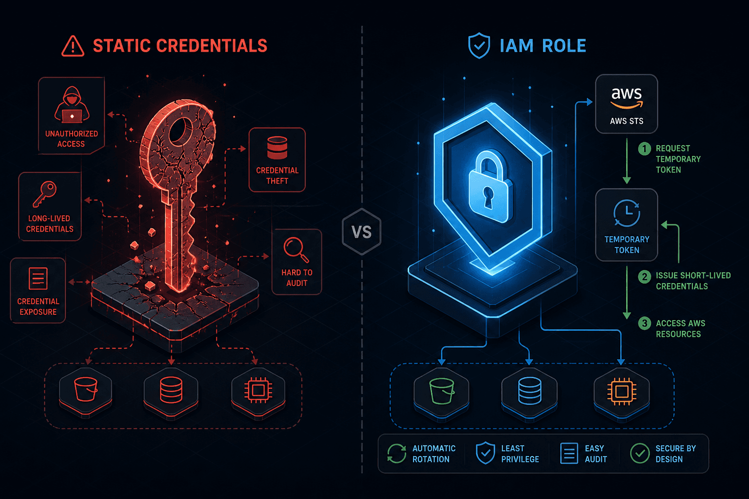 Diagram illustrating the difference between static service accounts and AWS IAM Role-based temporary credentials.