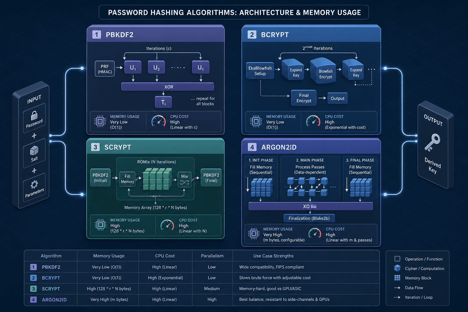 Diagram comparing the memory-hardness and parallelism of PBKDF2, BCrypt, scrypt, and Argon2id.