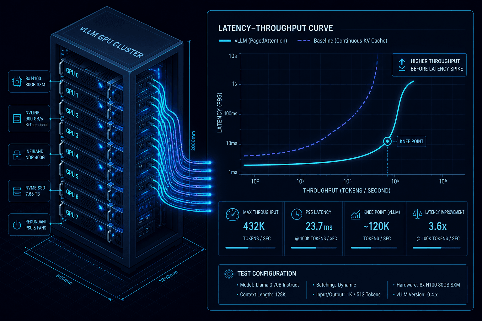 Diagram showing vLLM benchmarking metrics and concurrency-latency curves.