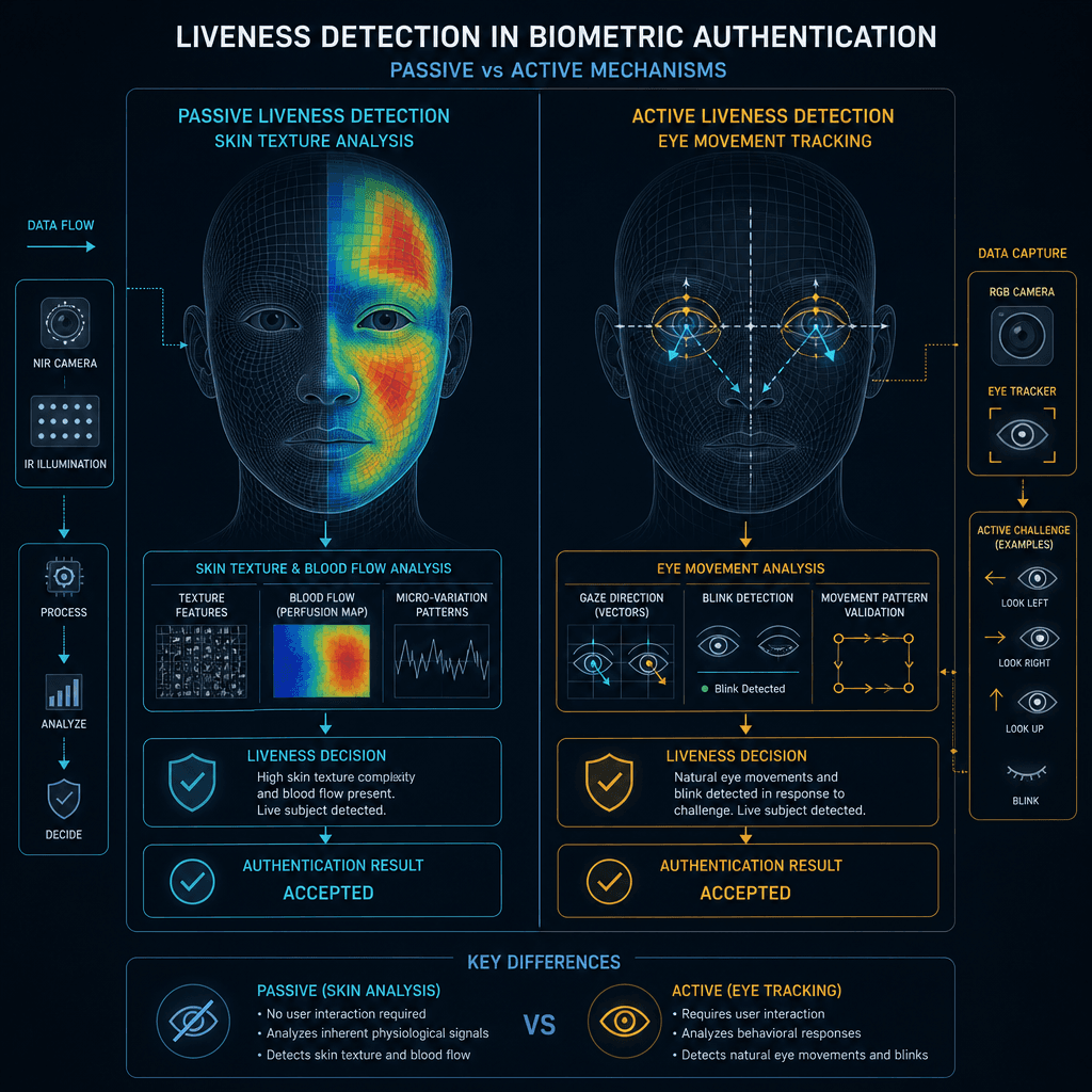 A technical diagram illustrating passive and active liveness detection mechanisms in biometric authentication. Show side-by-side comparisons of skin texture analysis and eye movement tracking. Clean, minimalist style with clear labels and arrows indicating data flow. Palette :…