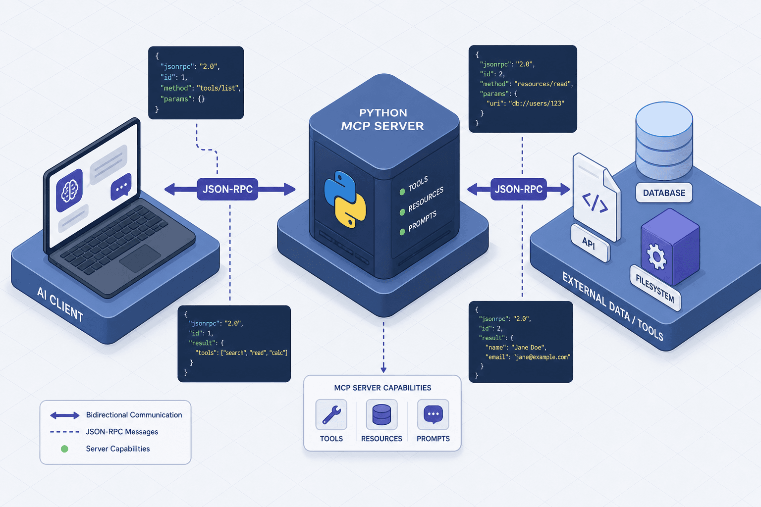 Diagram showing the interaction between an MCP server, AI client, and external data sources via JSON-RPC.
