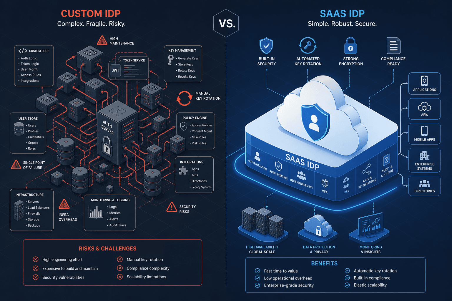 Diagram comparing the hidden costs of building a custom identity provider versus using a SaaS solution.