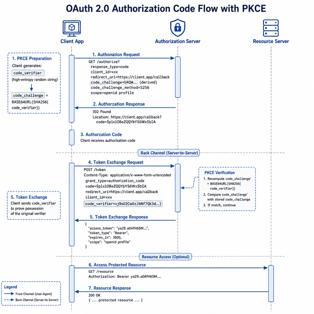 Technical diagram showing the OAuth 2.0 authorization code flow with PKCE. Visualize the client generating a code verifier and challenge, sending the challenge in the authorization request, and validating the verifier in the token exchange. Clean, architectural style, blue and…