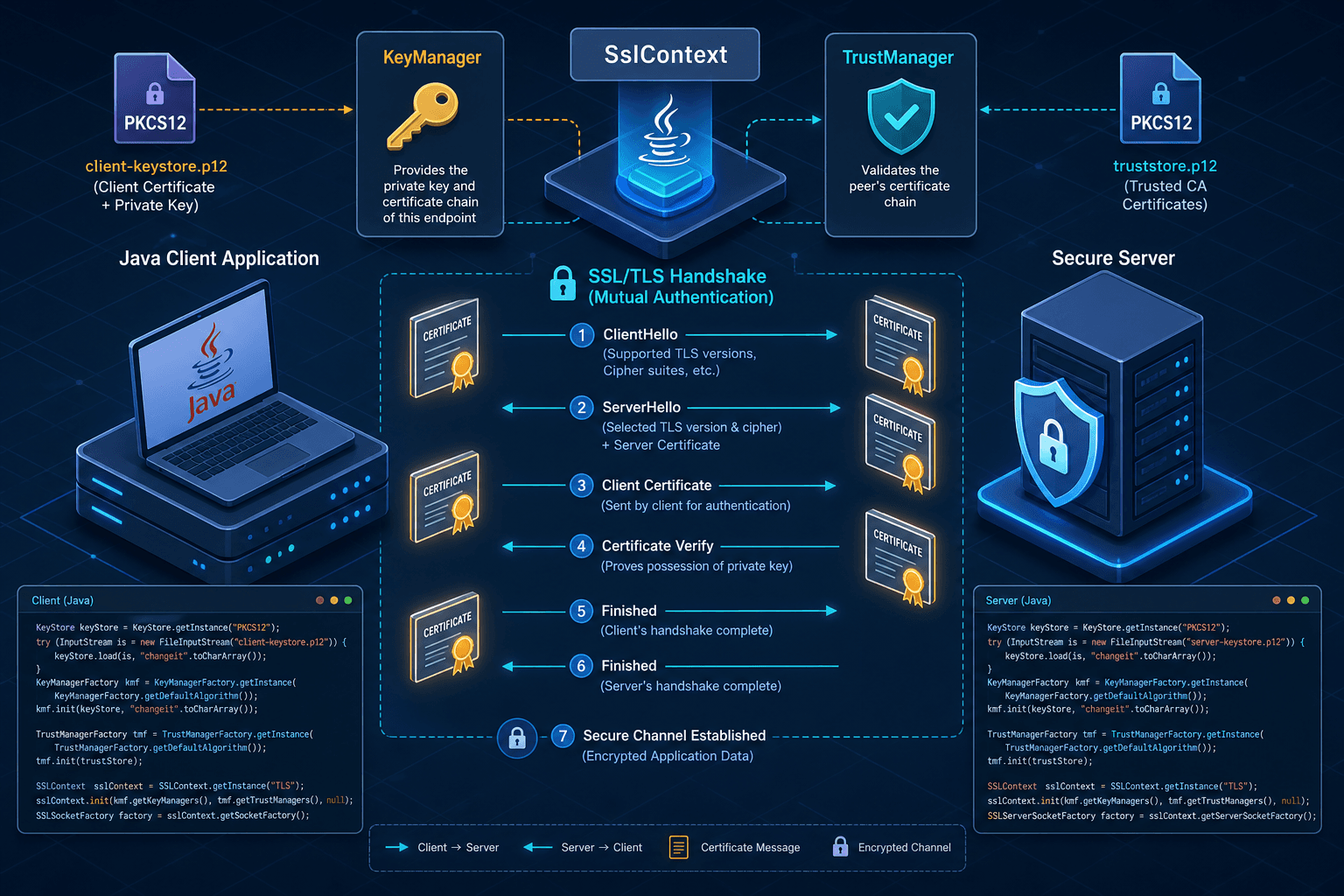 Diagram showing mutual TLS handshake between client and server with certificate exchange.