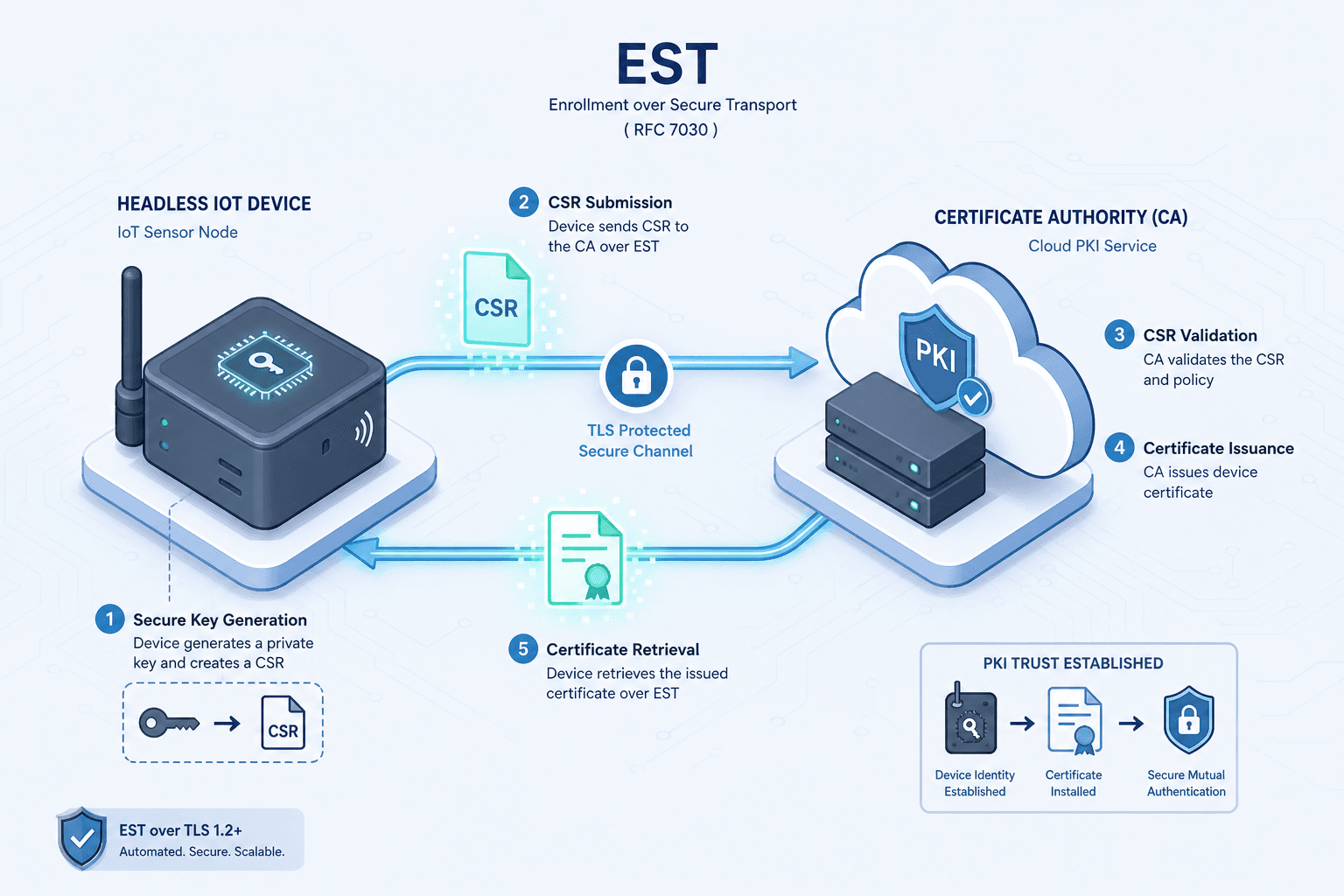 Diagram illustrating certificate enrollment flow for headless IoT devices.