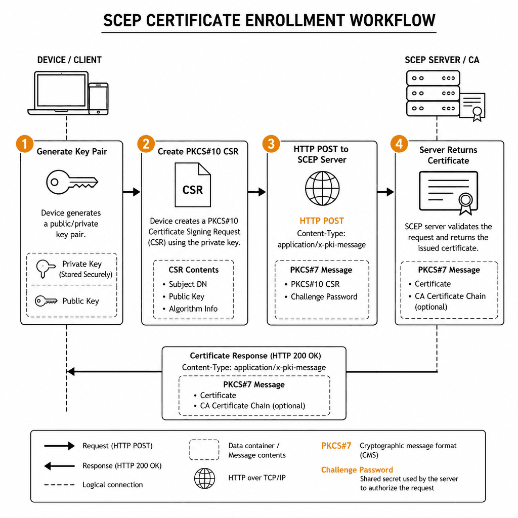 Technical flowchart illustrating the SCEP certificate enrollment workflow, showing key generation, CSR creation, HTTP POST, and certificate return, schematic line art style.