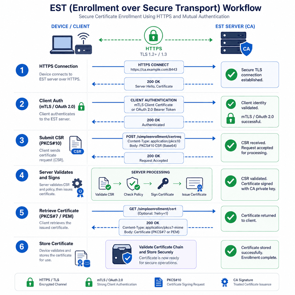 Technical flowchart illustrating the EST certificate enrollment workflow, showing HTTPS connection, mTLS authentication, CSR submission, and certificate retrieval, modern schematic style.