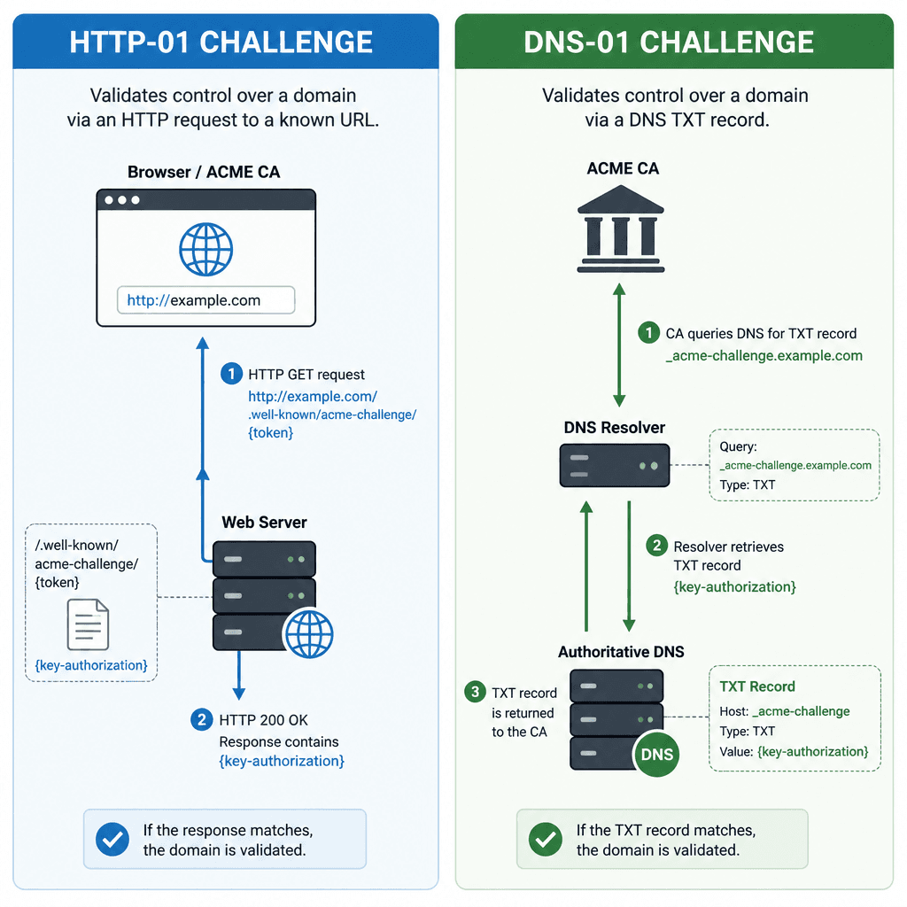 A comparison illustration of HTTP-01 and DNS-01 challenge types, showing a web server for HTTP and a DNS record for DNS, clean technical style.
