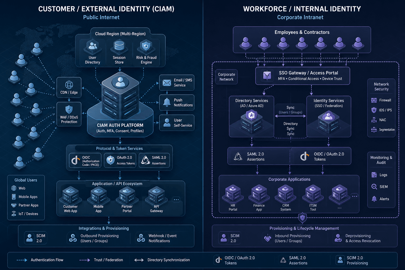 Diagram comparing CIAM and Workforce Identity Management architectures.