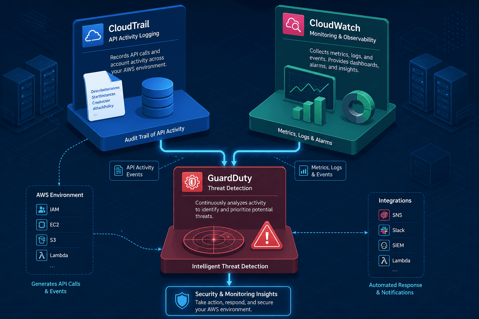 Diagram showing the triad of CloudTrail, CloudWatch, and GuardDuty in AWS architecture.