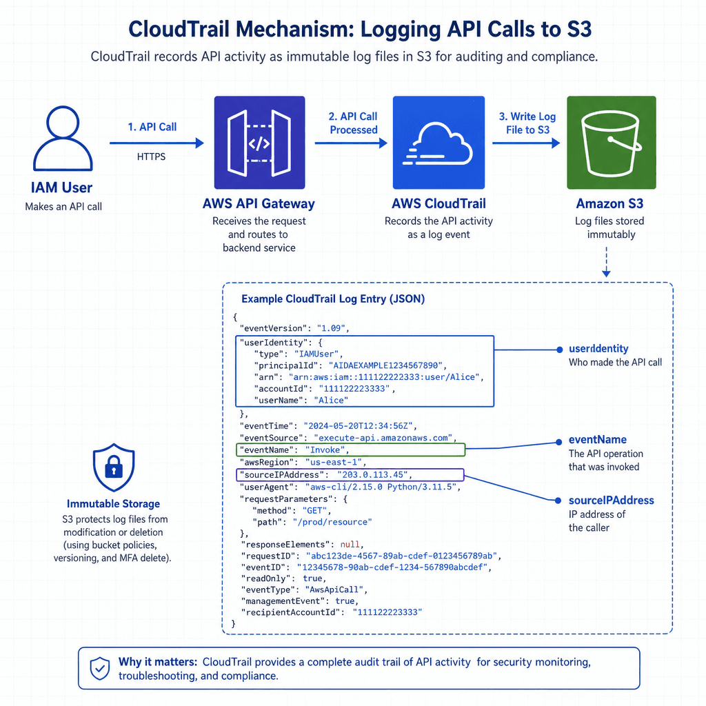 Technical diagram illustrating CloudTrail's mechanism. Show an IAM User calling the AWS API Gateway, which triggers CloudTrail to write an immutable JSON log entry to an S3 bucket. Highlight fields like userIdentity, eventName, and sourceIPAddress. Clean, architectural style, …
