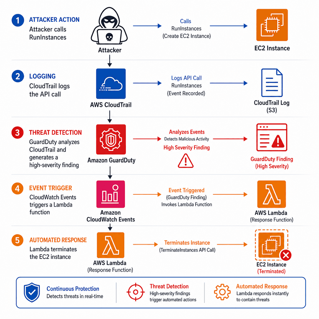 Architectural sequence diagram showing an integrated security workflow. Step 1 : Attacker calls RunInstances. Step 2 : CloudTrail logs the API call. Step 3 : GuardDuty analyzes CloudTrail and generates a high-severity finding. Step 4 : CloudWatch Events triggers a Lambda funct…