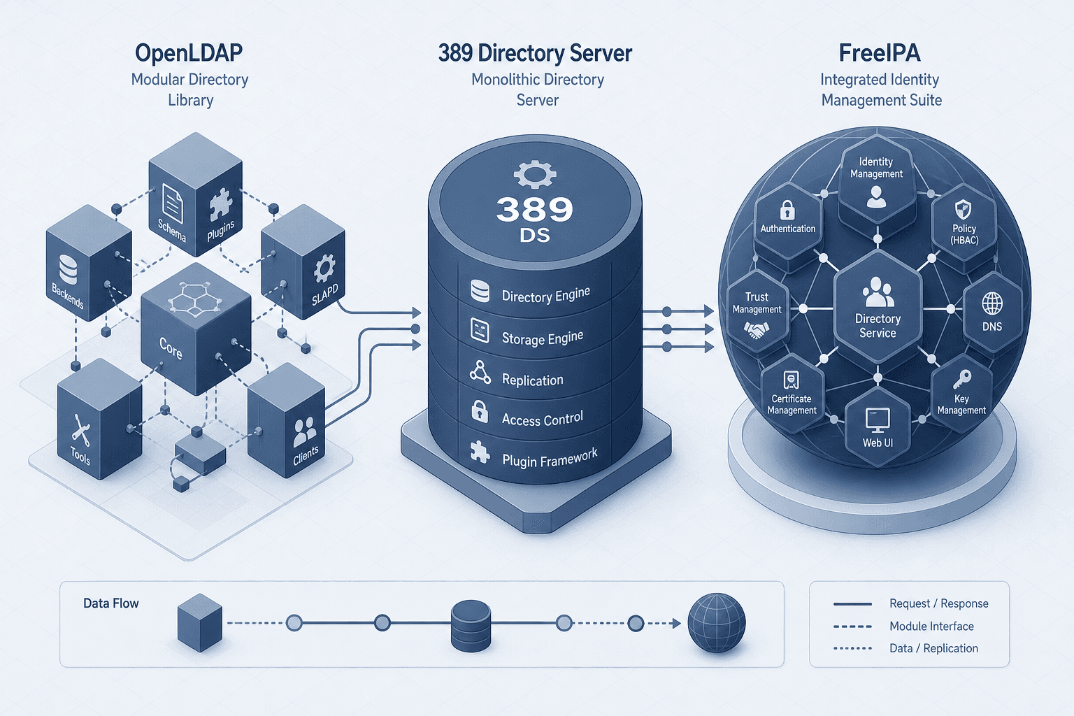 Diagram comparing the architectural layers of OpenLDAP, 389 Directory Server, and FreeIPA.