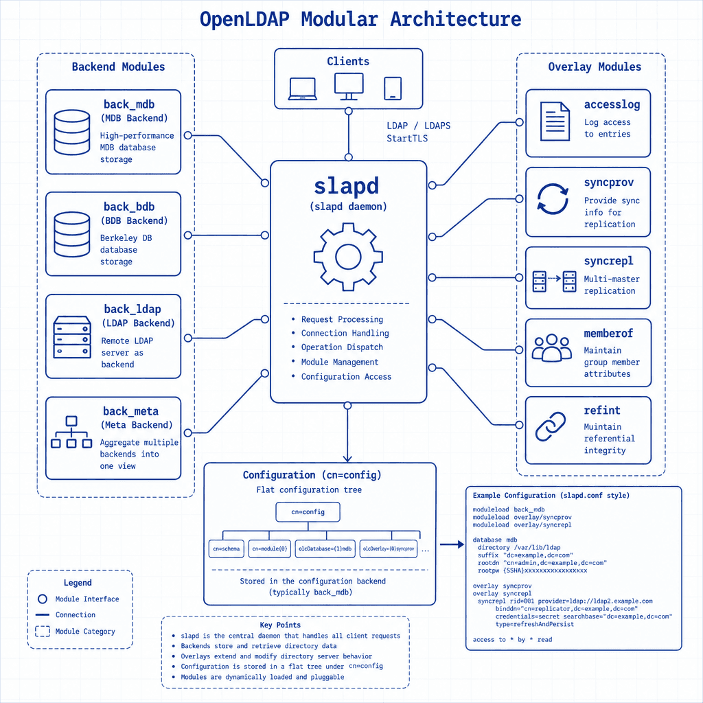 Technical diagram showing OpenLDAP's modular architecture. Central slapd daemon connected to various backend modules (BDB, MDB, LDAP) and overlay modules. Flat configuration structure visualized as a list of directives. Style : clean, technical, blueprint-like, blue and white …