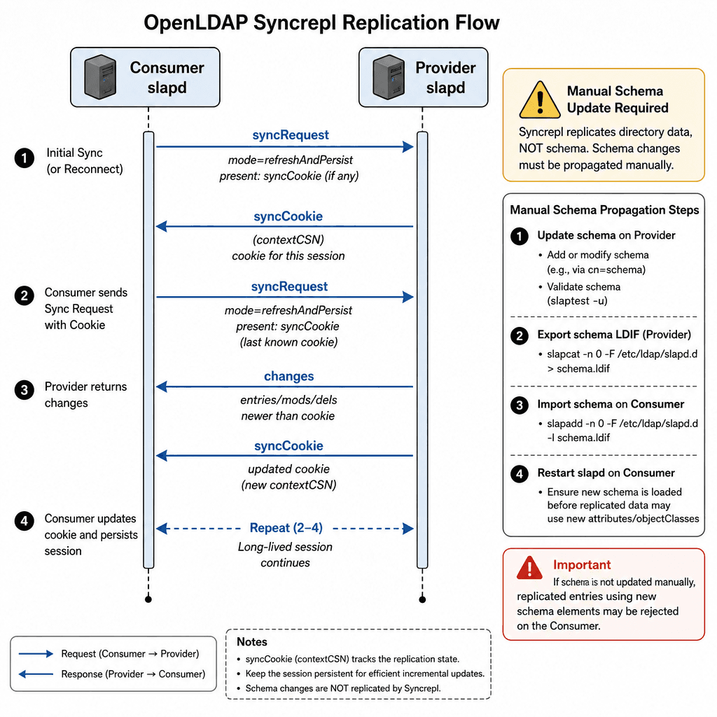Sequence diagram illustrating OpenLDAP Syncrepl. Consumer sends sync request with cookie, Provider returns changes. Visualize the manual steps required for schema propagation. Style : technical flowchart, arrows indicating data flow, neutral colors, clear labels.