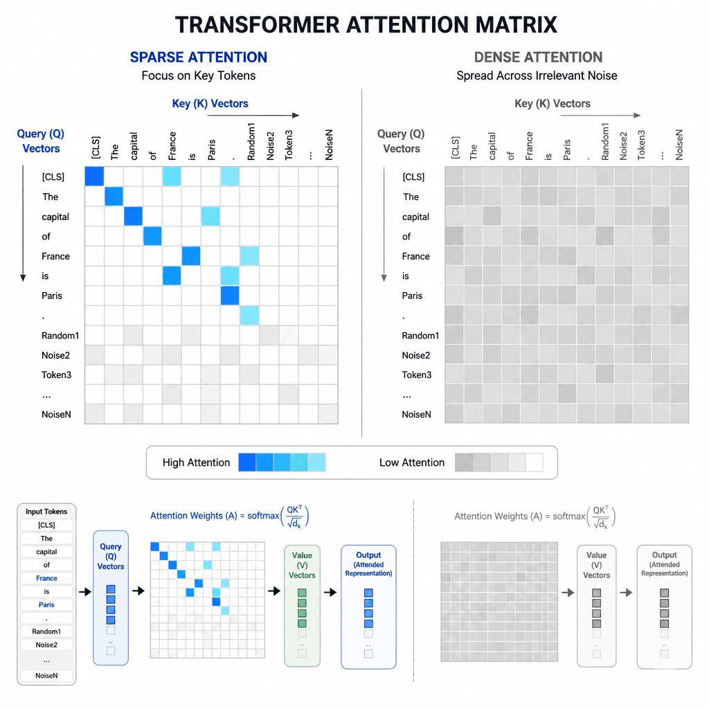 Technical diagram showing a transformer attention matrix. On the left, sparse attention weights focused on key tokens (highlighted in bright blue/green). On the right, dense, uniform attention weights spread across irrelevant noise (greyed out). Clean, minimalist style, dark b…