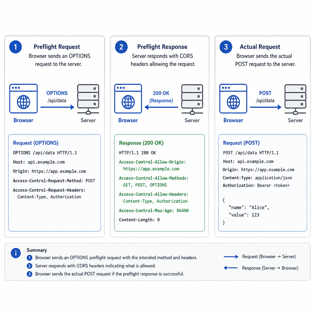 Technical architecture diagram showing the sequence of a browser preflight request. Panel 1 : Browser sends OPTIONS request to server. Panel 2 : Server responds with Access-Control-Allow-Origin and other headers. Panel 3 : Browser sends actual POST request. Use a clean, minima…