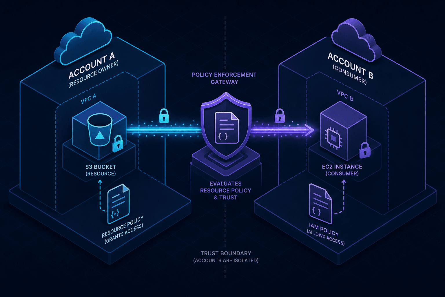 Diagram illustrating AWS cross-account access via resource policies and trust boundaries.