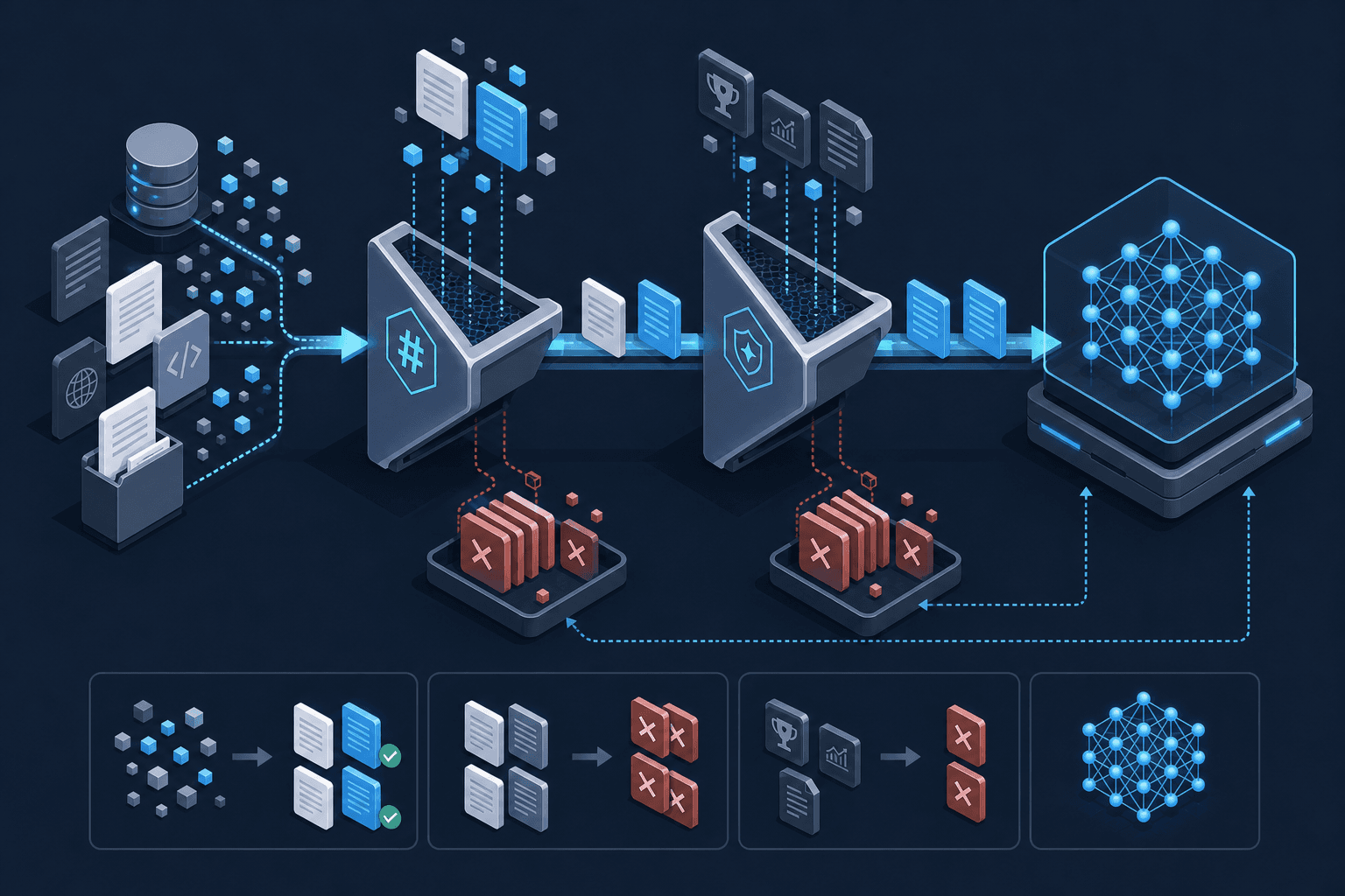 Diagram showing the flow of data deduplication and decontamination in an LLM training pipeline.