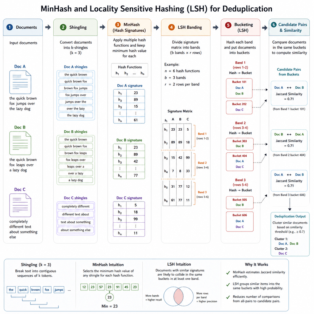 Schematic diagram of MinHash and Locality Sensitive Hashing process showing shingling, hash functions, and bucketing for deduplication