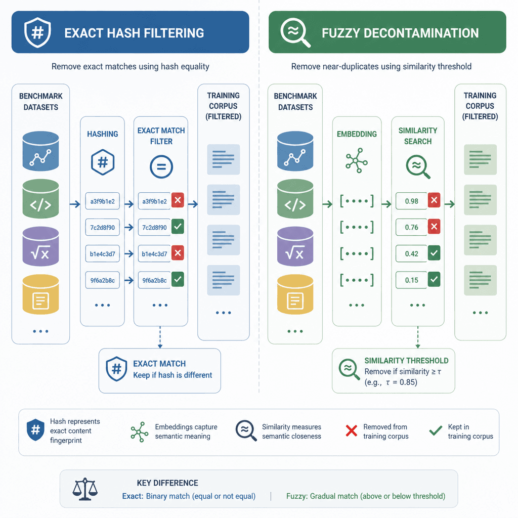 Comparison diagram showing exact hash filtering versus fuzzy decontamination for benchmark data in LLM training