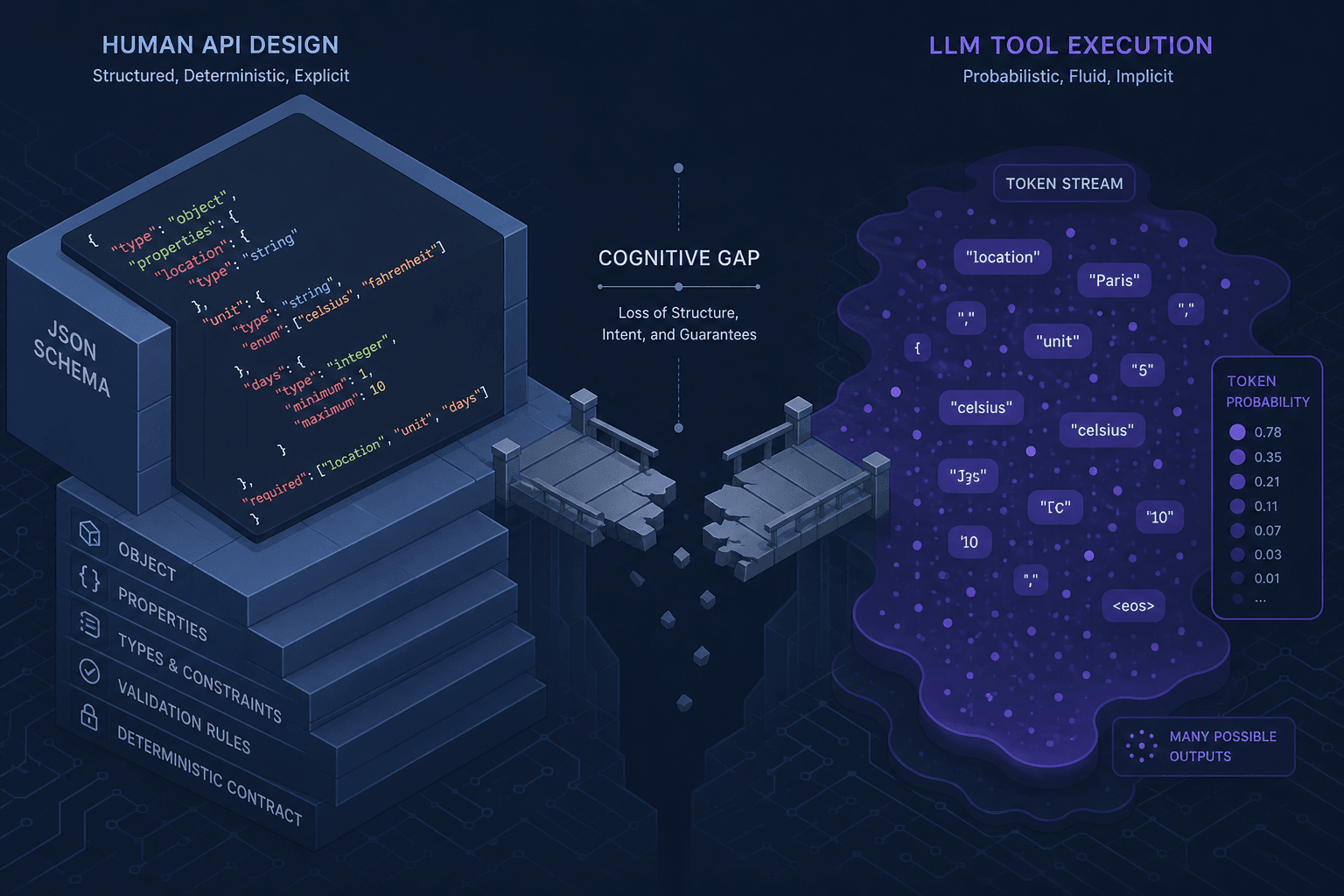 Diagram illustrating the cognitive gap between human API design and LLM tool execution.