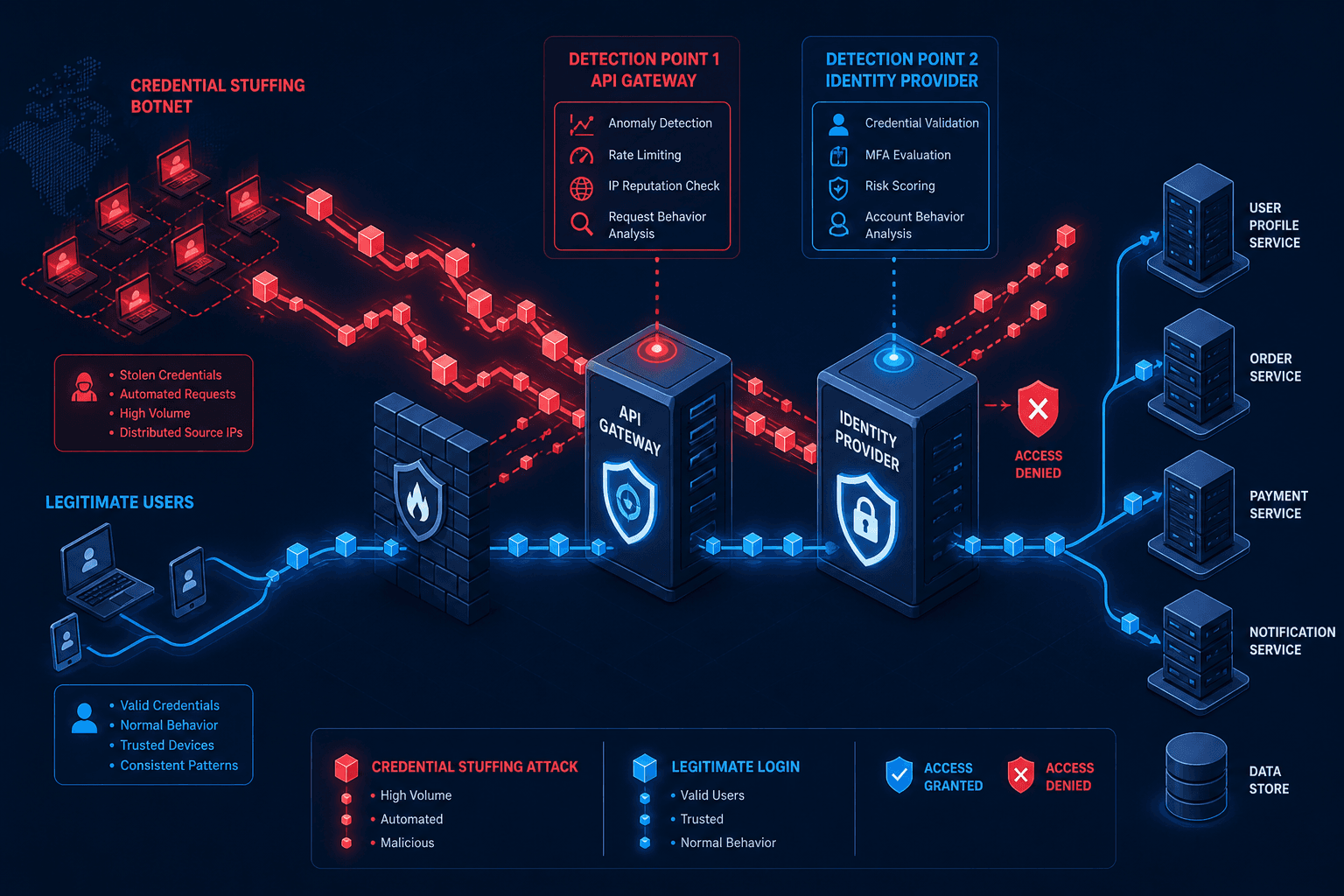 Diagram illustrating the difference between credential stuffing and account takeover detection mechanisms.