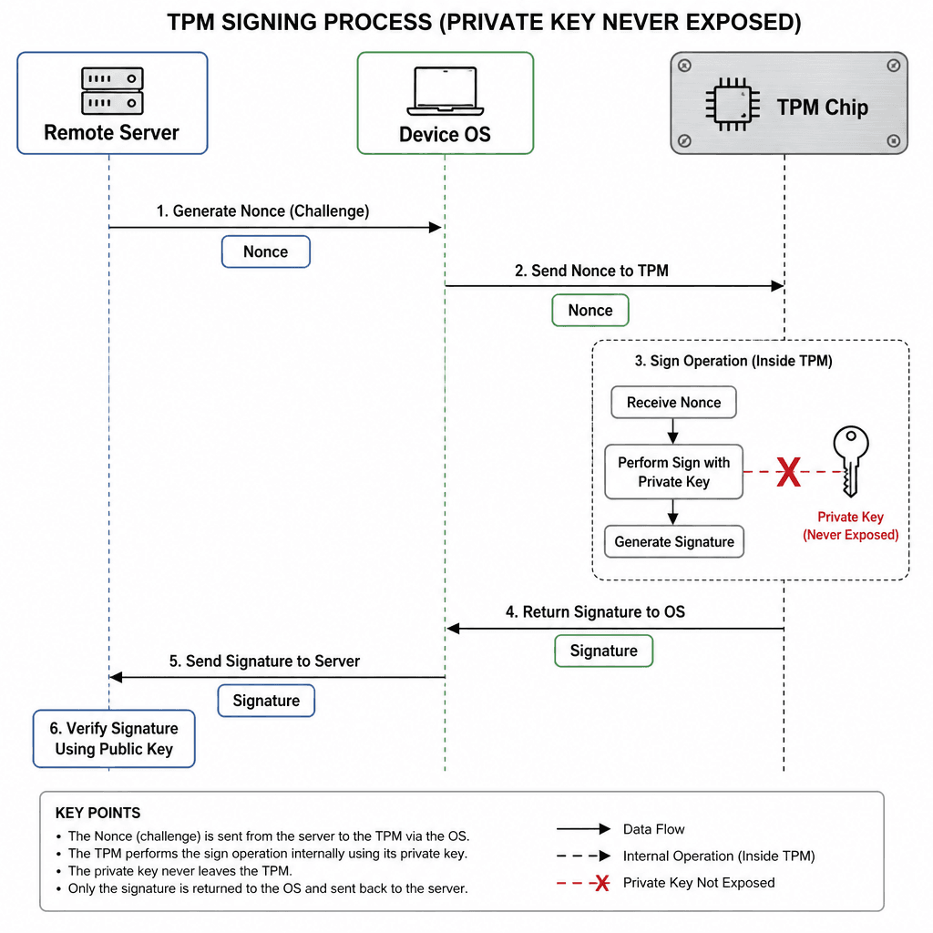 A sequence diagram illustrating a TPM signing process where a device sends a nonce to the TPM, the TPM signs it internally, and returns the signature without exposing the private key.