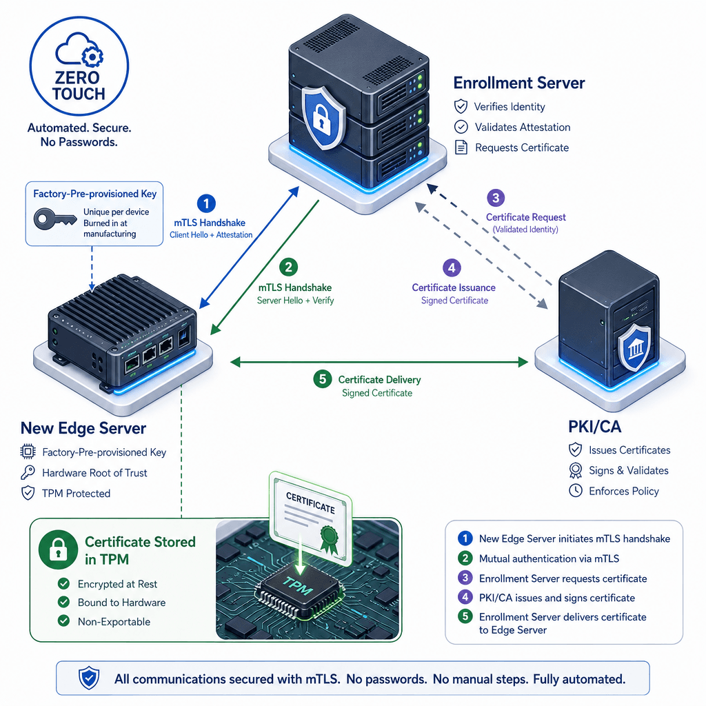 A secure enrollment flow diagram showing a new edge server booting, connecting to an enrollment server via mTLS, and receiving a certificate, with no passwords involved.