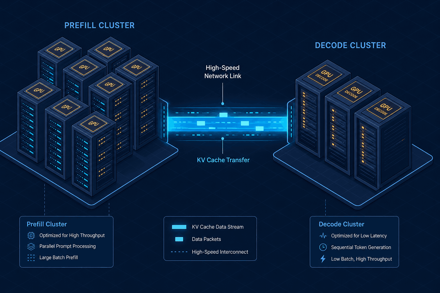 Diagram showing the separation of prefill and decode clusters connected by a high-speed network.