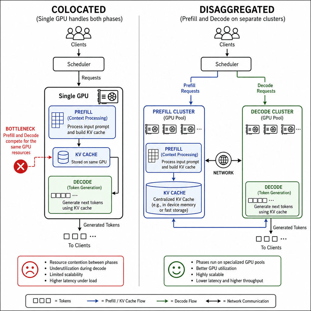 Technical flowchart comparing colocated vs disaggregated LLM serving, showing single GPU handling both phases versus separate clusters, flat schematic style