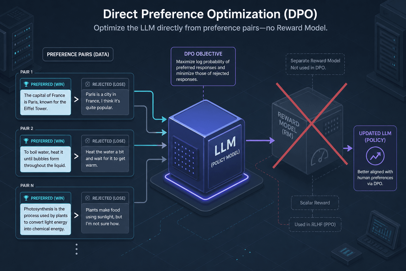 Diagram illustrating the Direct Preference Optimization pipeline without a separate reward model.