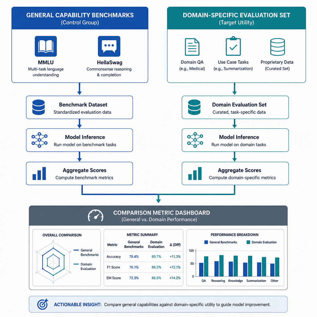 Technical diagram showing a bifurcated evaluation pipeline. Left side : General Capability Benchmarks (MMLU/HellaSwag) as control group. Right side : Domain-Specific Evaluation Set as target utility. Arrows pointing to a comparison metric dashboard. Clean, minimal, technical s…