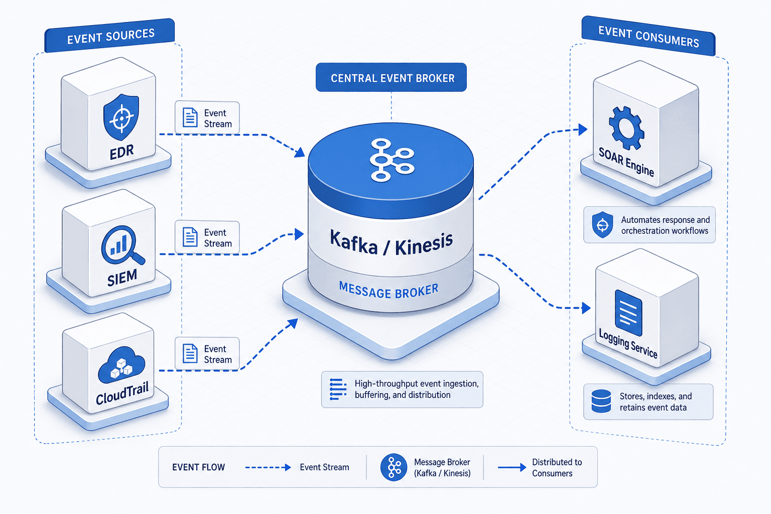 Diagram illustrating event-driven security architecture with SOAR integration.