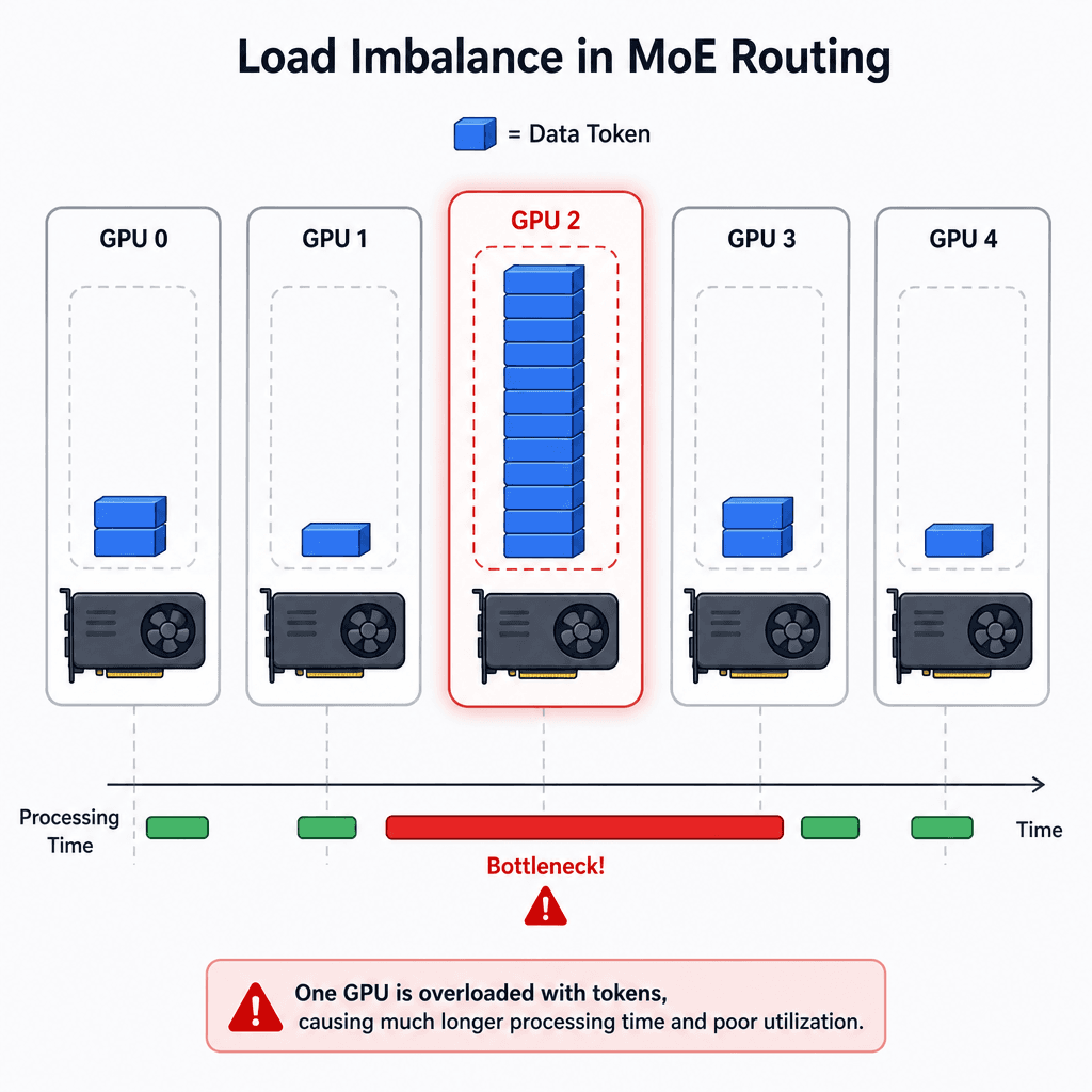 Diagram illustrating load imbalance in MoE routing, showing one GPU node with a large pile of data tokens and long processing time, while other nodes have few tokens and finish quickly.