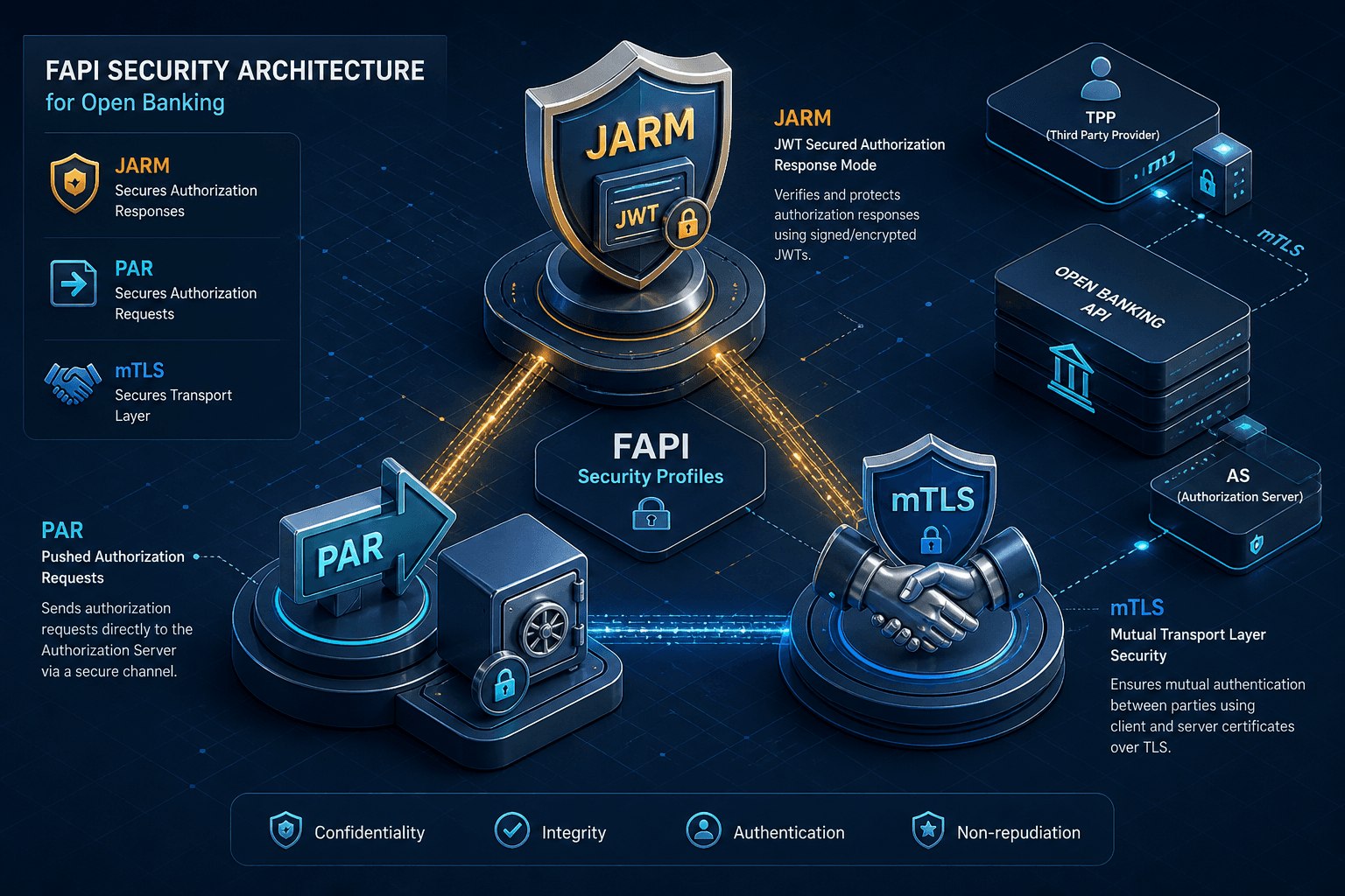 Diagram illustrating FAPI security profiles including JARM, PAR, and mTLS.