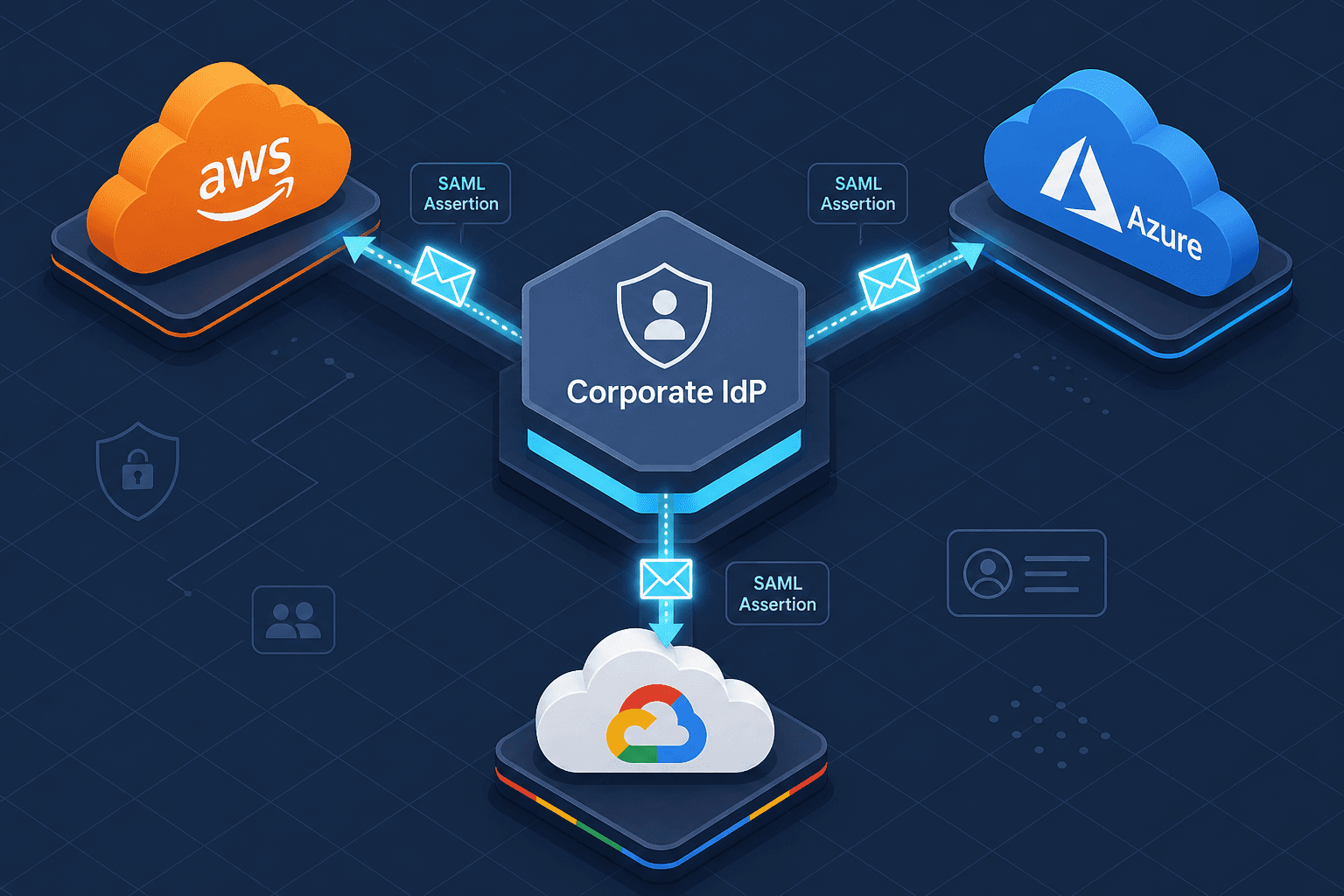 Diagram showing a central Identity Provider federating with AWS, Azure, and GCP icons via SAML assertions.