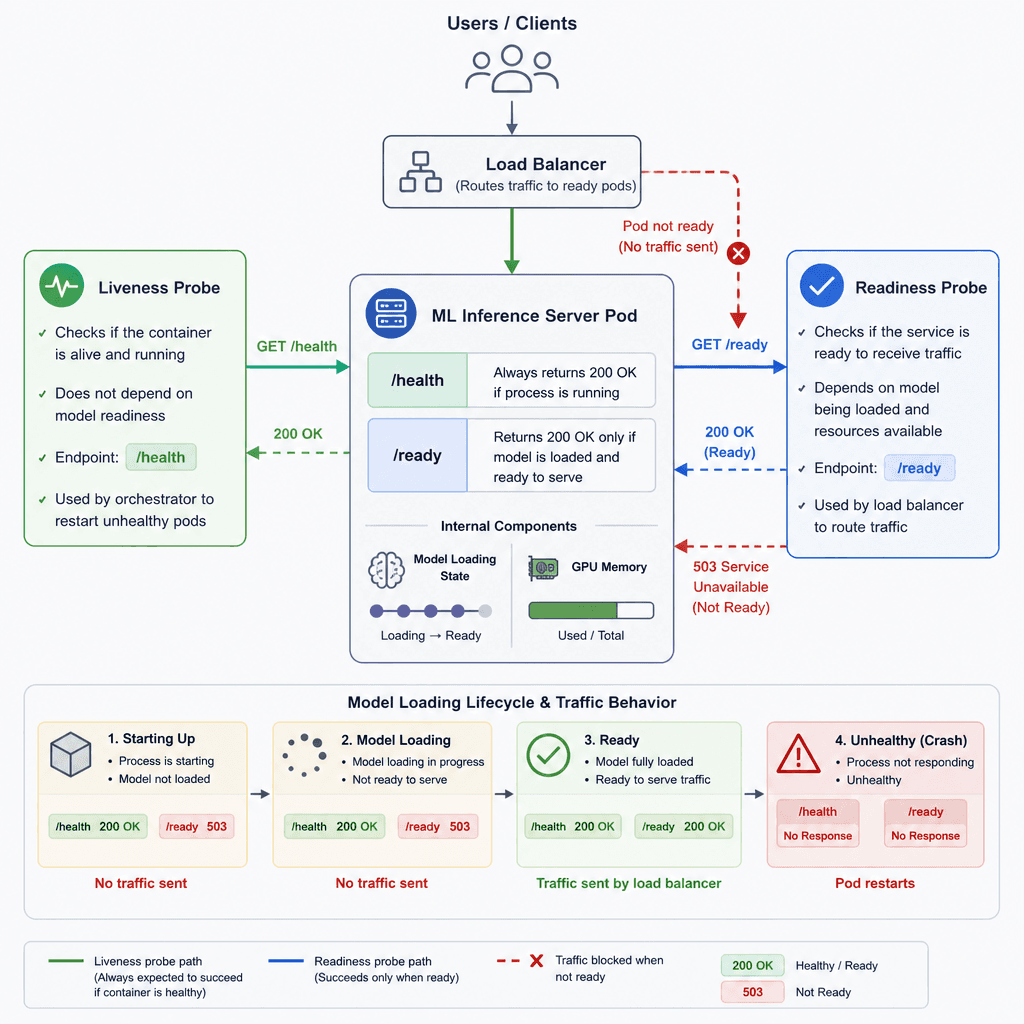 Diagram illustrating Kubernetes liveness and readiness probes for an ML service, showing model loading state.