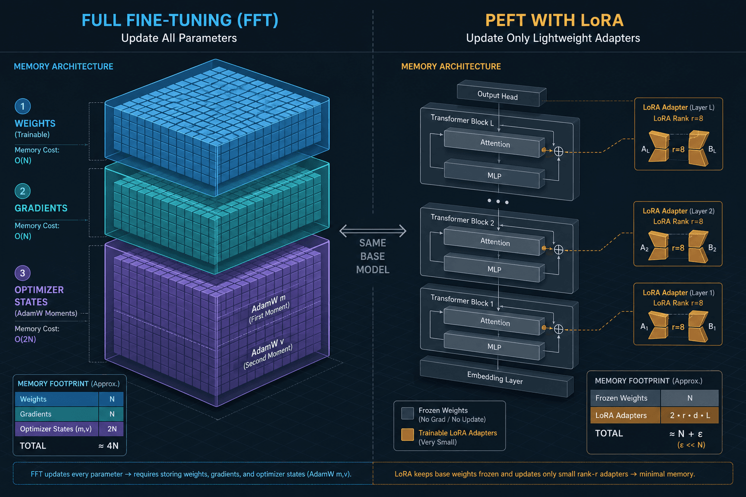 Diagram comparing memory usage between Full Fine-Tuning and PEFT showing optimizer states and activation checkpoints.