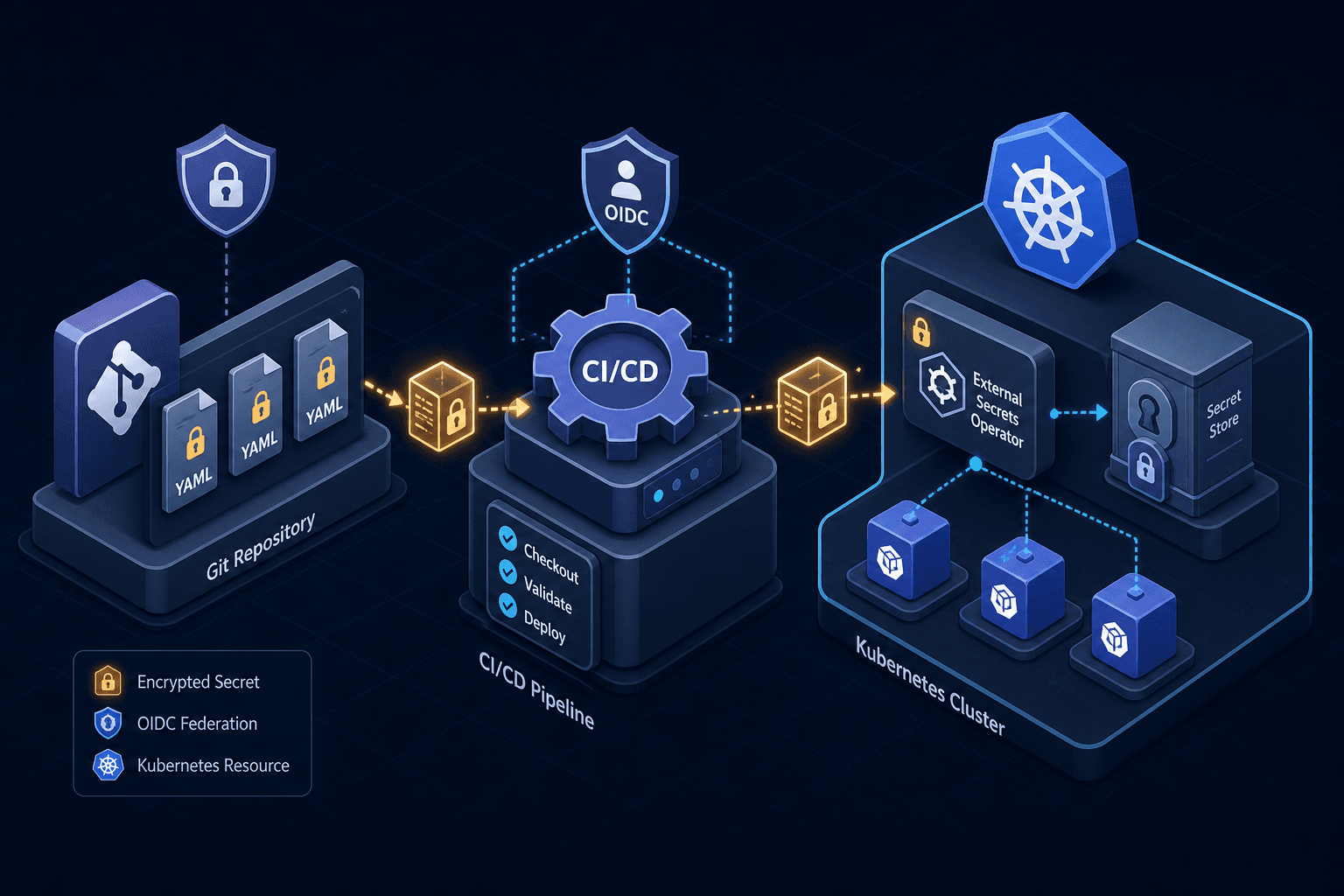 Diagram illustrating GitOps security layers including secrets encryption, access control, and drift detection.