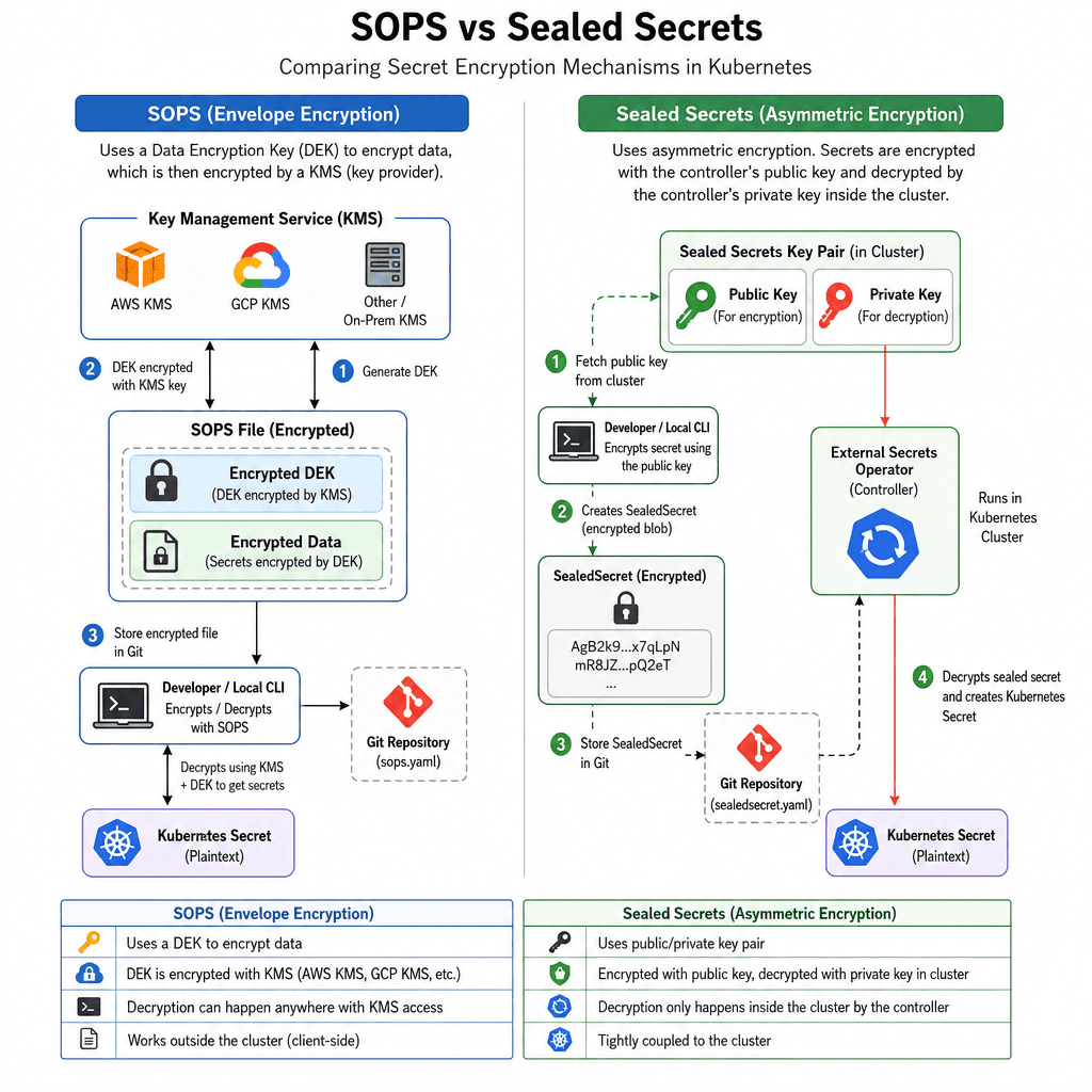 Technical diagram comparing static Sealed Secrets vs dynamic External Secrets Operator flow in Kubernetes, flat vector style
