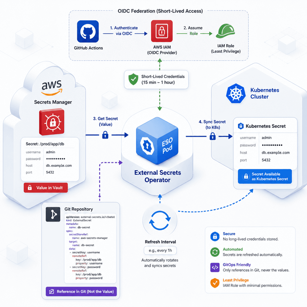 Diagram of OIDC federation flow between GitHub Actions and AWS IAM, showing short-lived token exchange, flat vector style