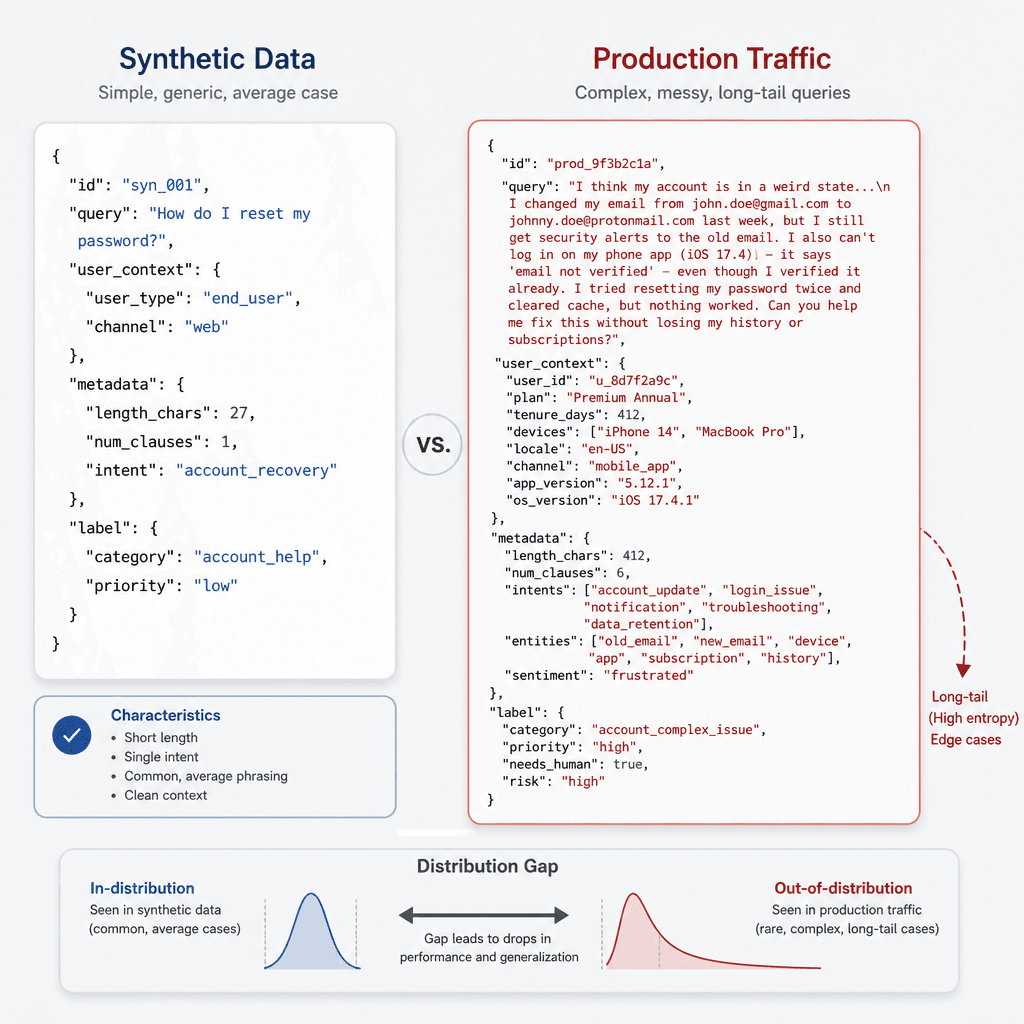 A schematic comparison diagram showing two JSON objects side-by-side : a 'Synthetic' example with simple, average phrasing and a 'Production' example with complex, messy, long-tail user queries, highlighting the distribution gap.