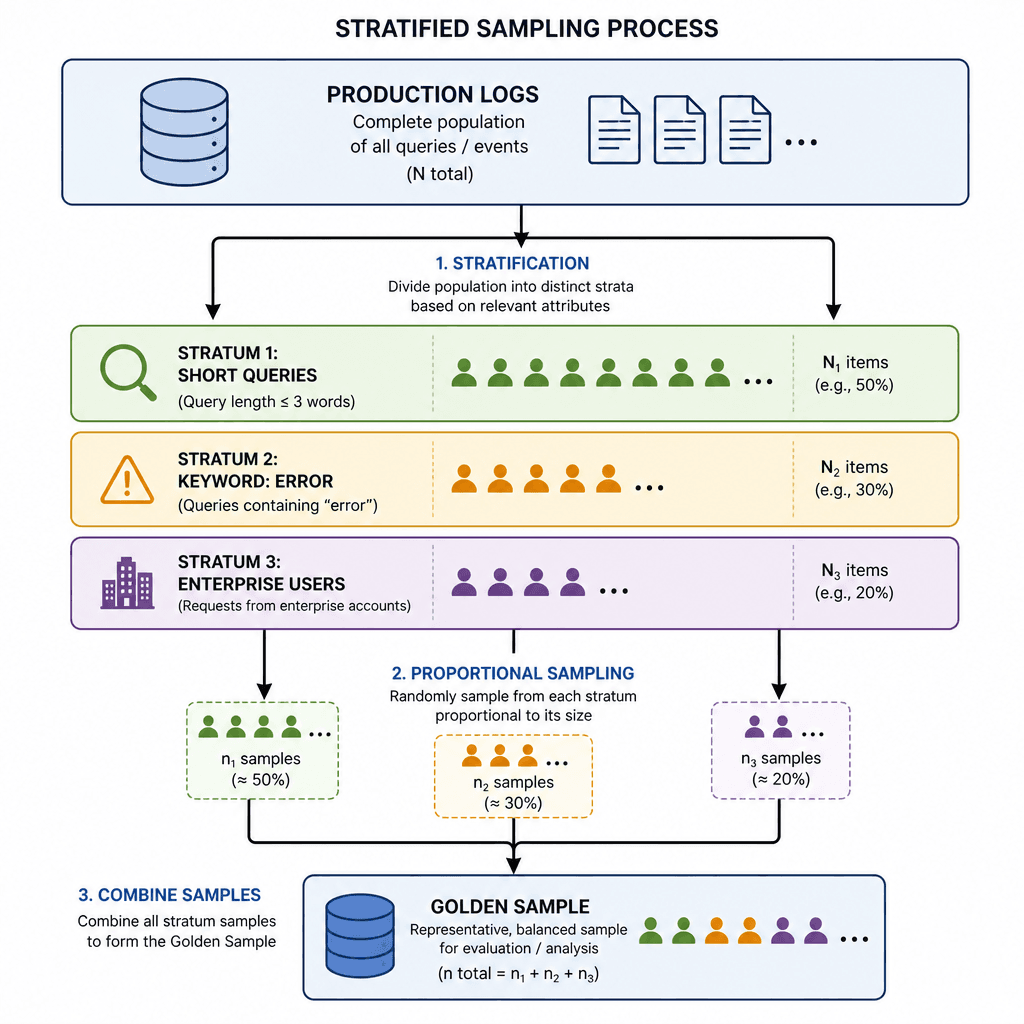 A flowchart diagram illustrating the stratified sampling process, showing production logs being divided into distinct strata (e.g., by query length or keyword) and then sampled proportionally from each group.
