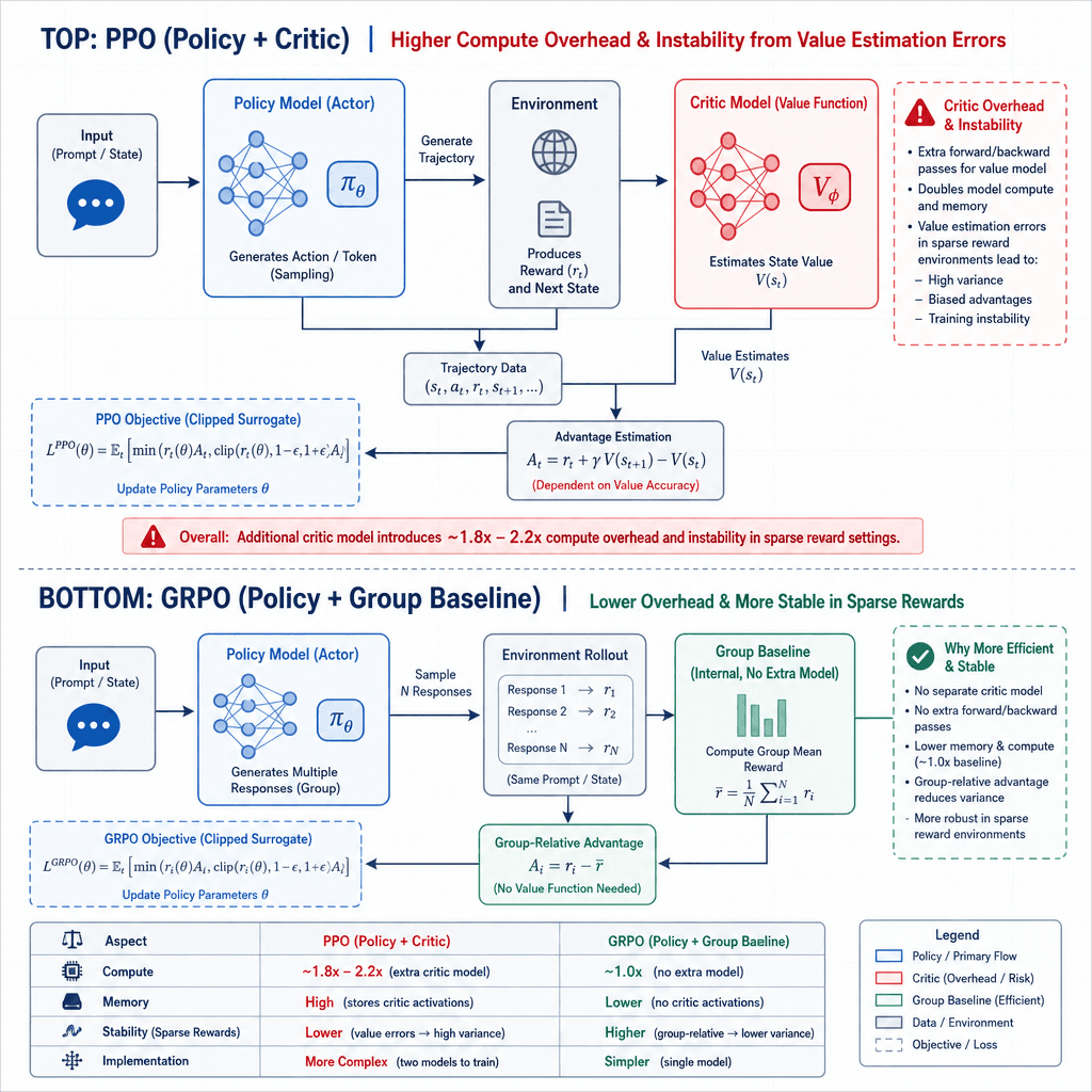 Technical diagram showing the PPO architecture with separate policy and critic models, highlighting the compute overhead and instability caused by the critic's value estimation errors in sparse reward environments. Style : clean, architectural, blue and gray palette.