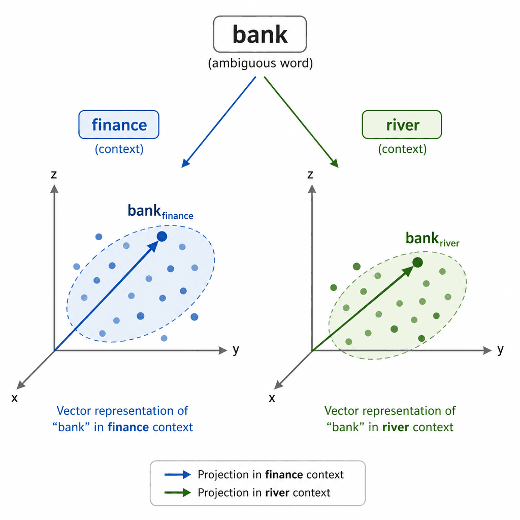 A clean technical diagram illustrating distributed representation. Show a single word "bank" projecting into two different vectors in a 3D space based on context ("finance" vs "river"). Use cool blue tones for finance context and warm greens for nature context. Minimalist styl…