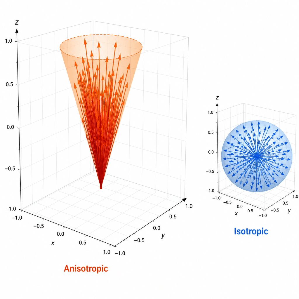 A technical visualization of anisotropy. Show a 3D scatter plot where most vectors are clustered tightly in a narrow cone shape, leaving empty space elsewhere. Contrast this with a small inset of an ideal isotropic sphere with evenly distributed points. Use red/orange for the …